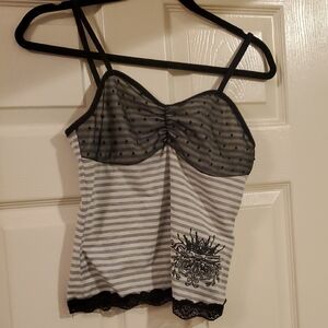 ROMWE Black and White Striped Camisole with Lace Detail
